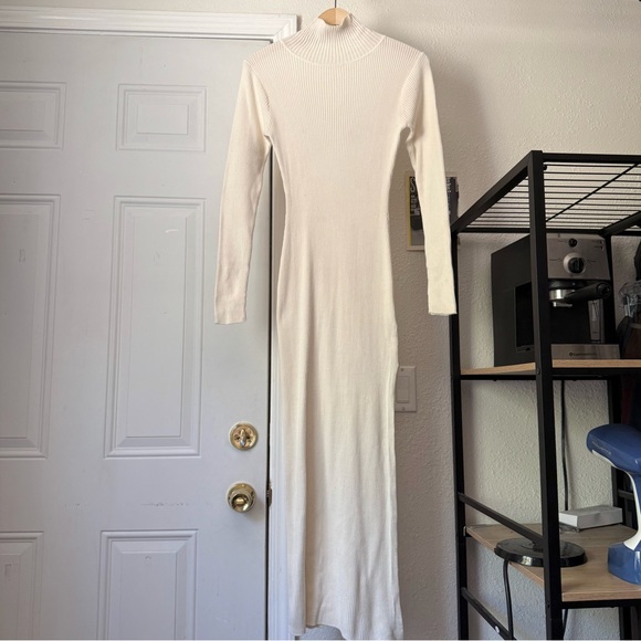 GREY/VEN off white ivory cream rib knit cropped crew soft mock neck bodycon maxi